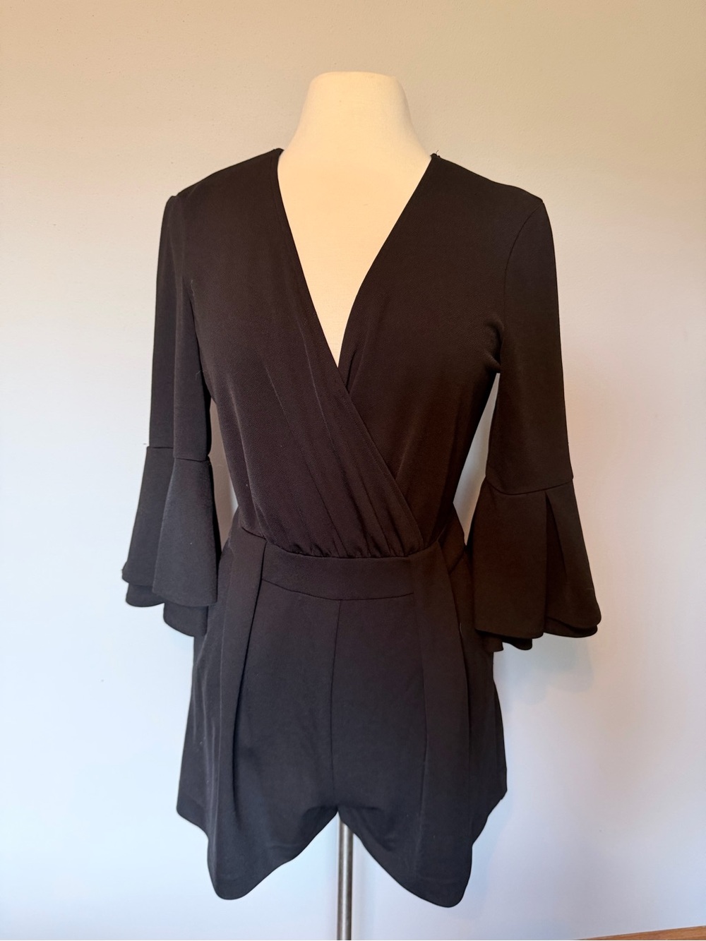 New York & Company Black Surplice Ruffle-Sleeve Romper